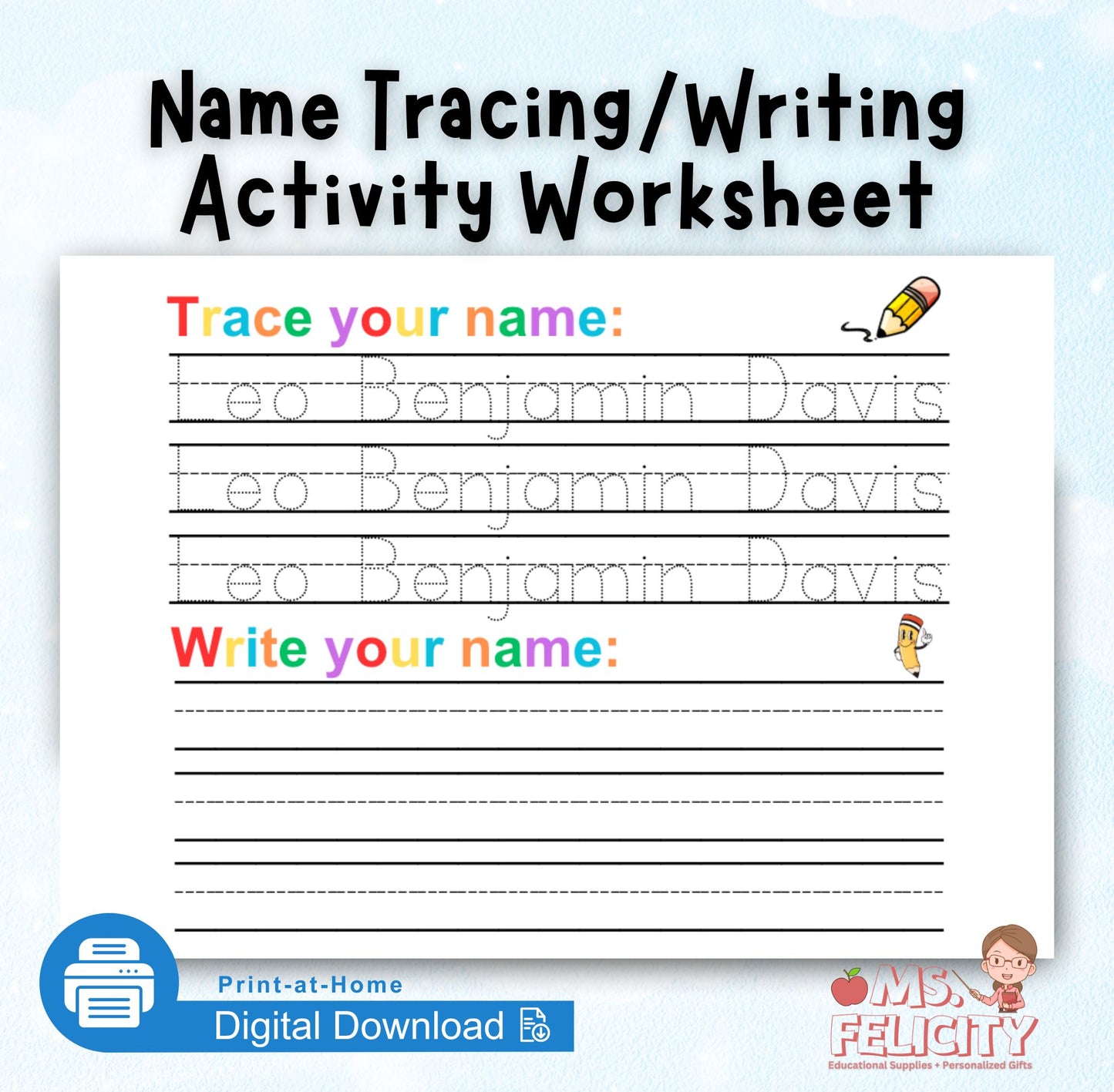 Digital Download:  Personalized Name Tracing/Writing Activity Worksheet