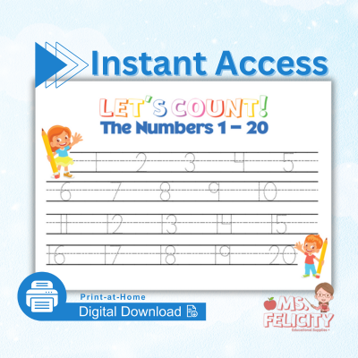 Instant Access Download: Printable Tracing Number 1 - 20 Worksheet