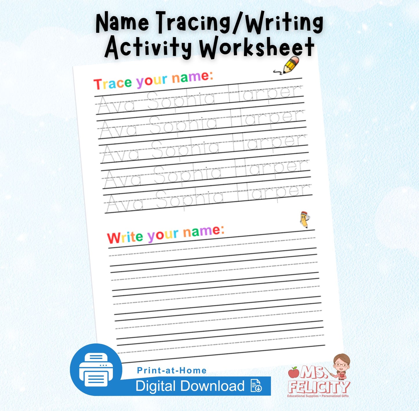 Digital Download:  Personalized Name Tracing/Writing Activity Worksheet