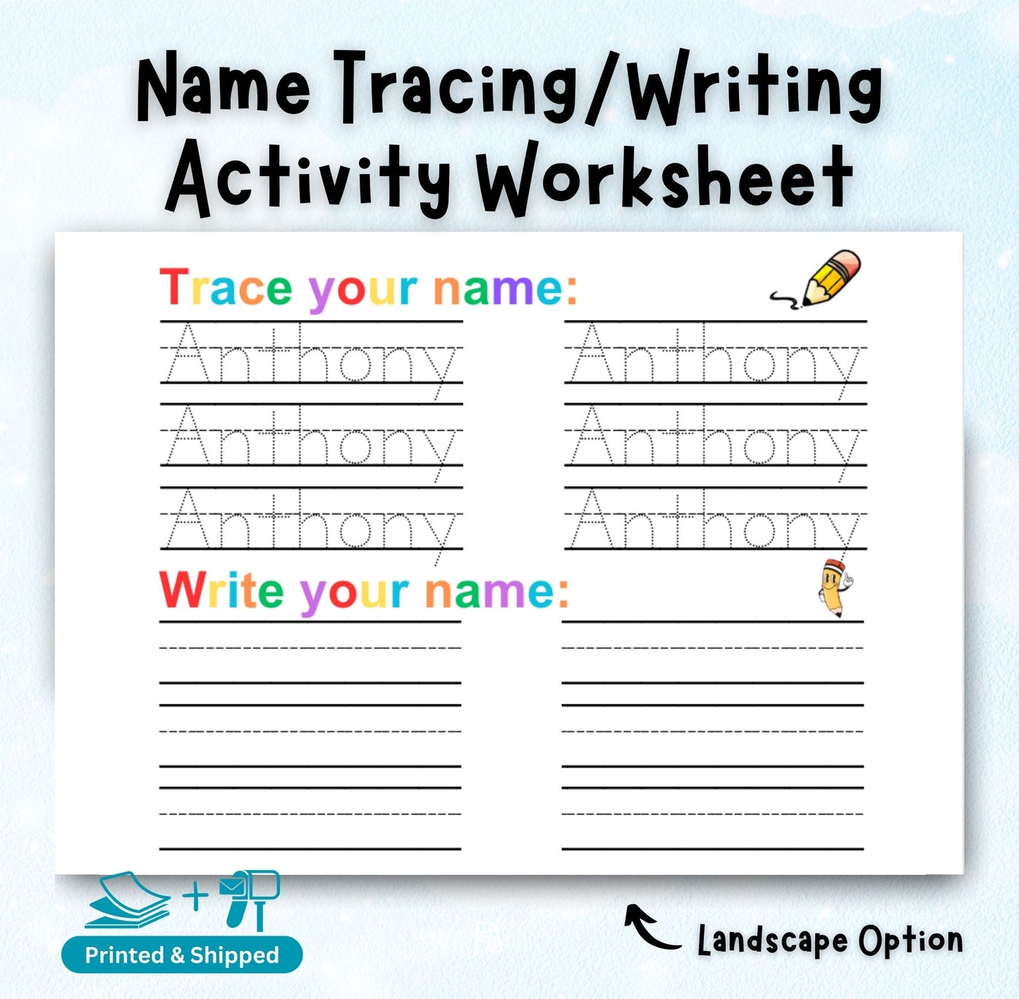 Printed & Shipped: Personalized Name Tracing/Writing Activity Worksheet