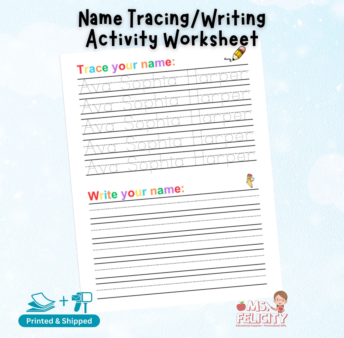 Printed & Shipped: Personalized Name Tracing/Writing Activity Worksheet