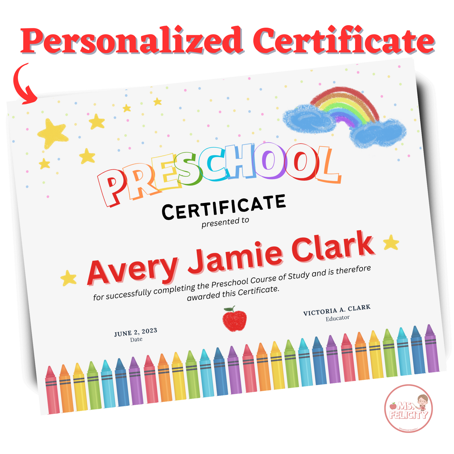 Kindergarten or Preschool Personalized Graduation Diploma or Certificate