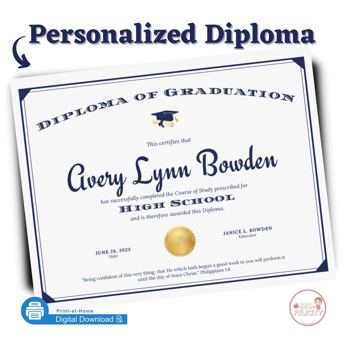 Digital Download: Personalized Diploma of Graduation Printable