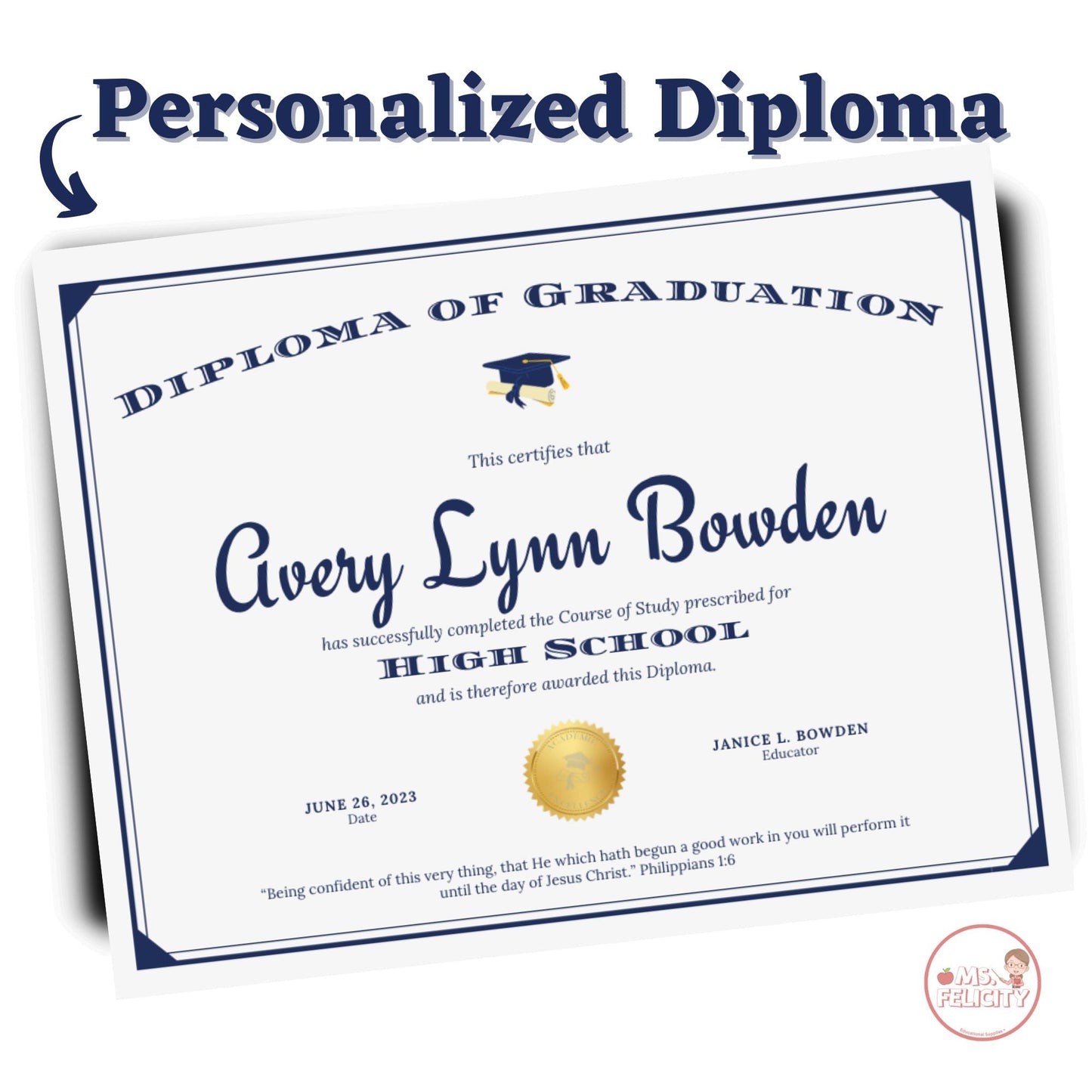 Diploma of Graduation: Personalized Printed and Shipped