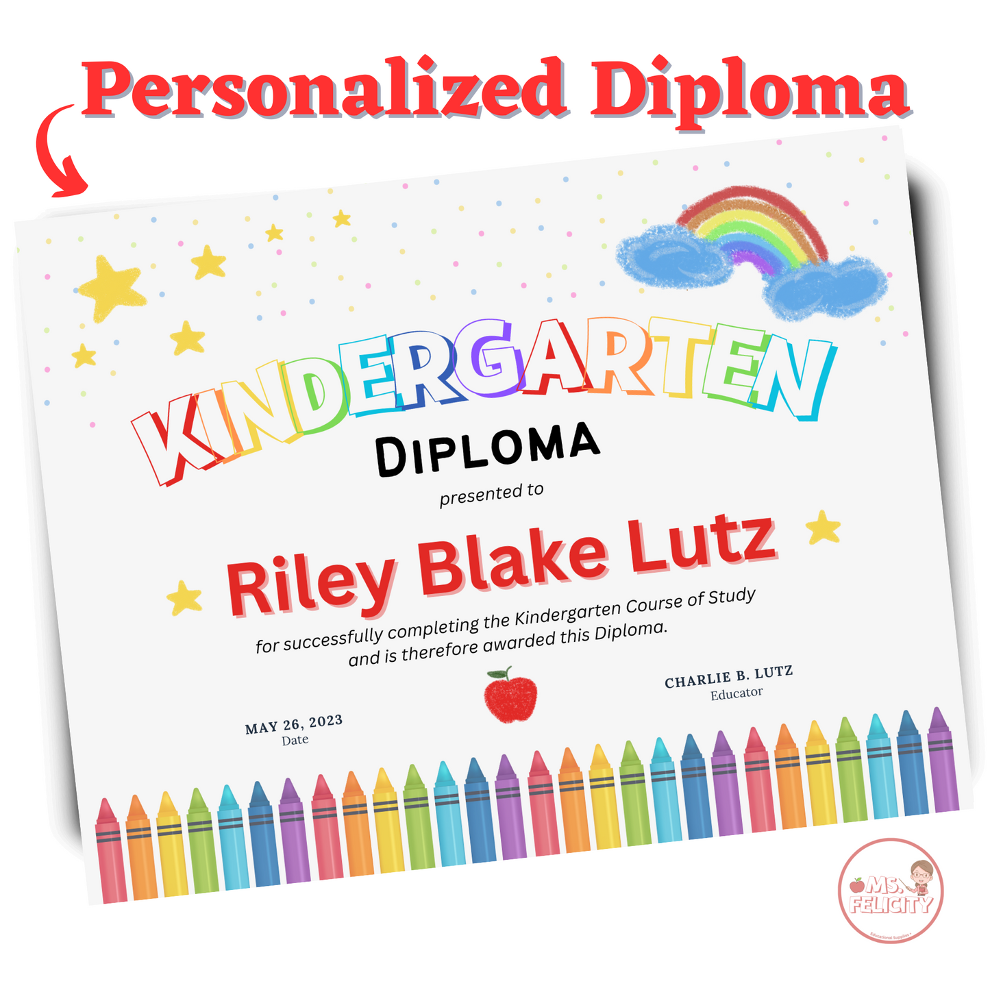 Kindergarten or Preschool Personalized Graduation Diploma or Certificate