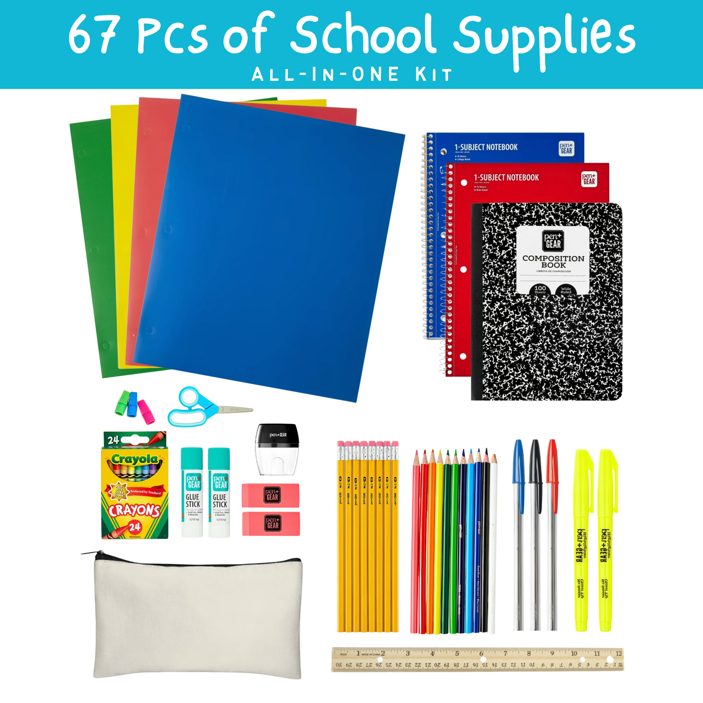 67 Pieces of School Supplies: School Essentials in One Kit for Students Grades K-12 - Back to School Supply