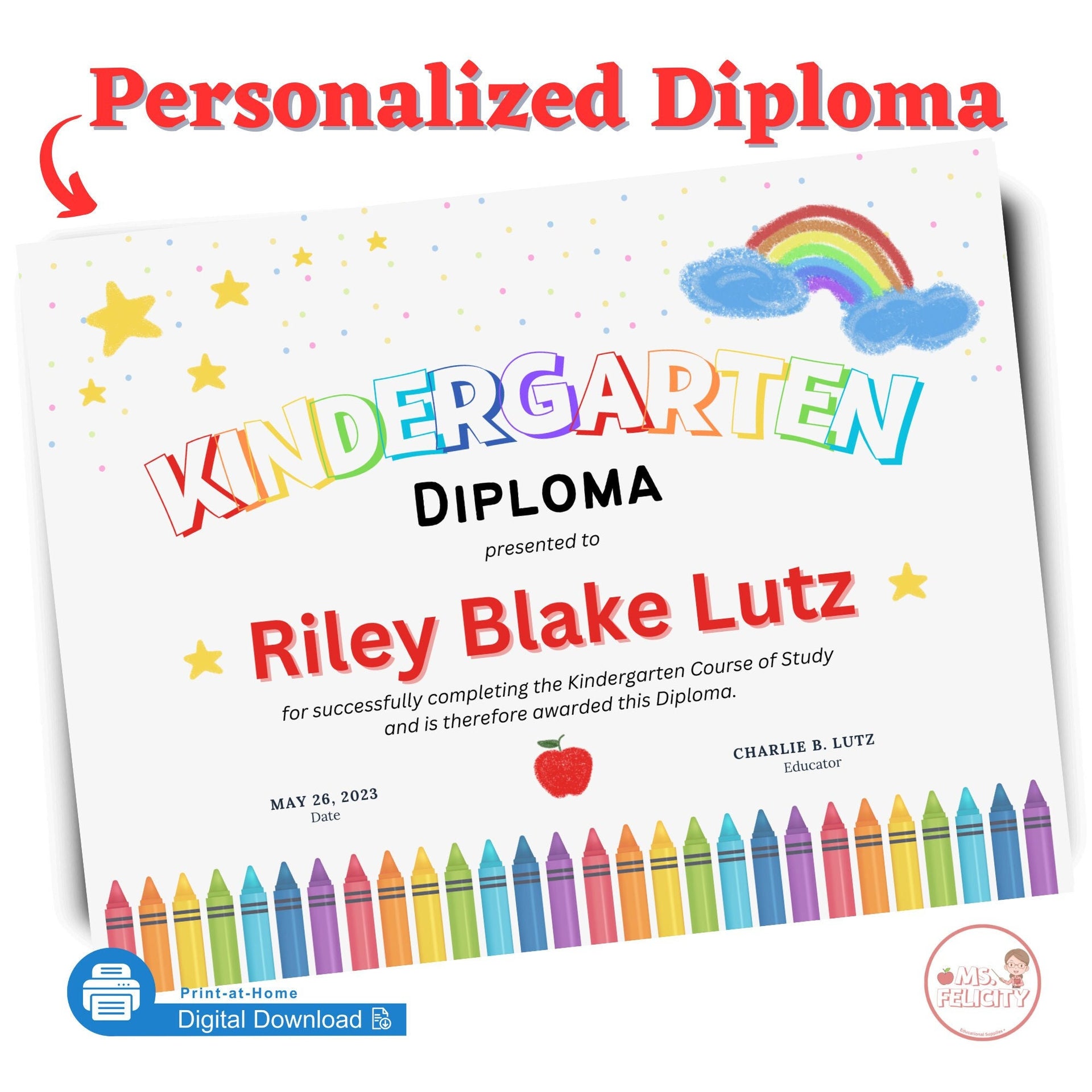 Digital Download: Personalized Kindergarten Diploma Printable – Shop at Felicity for Downloadable Free Printable Kindergarten Certificate Templates