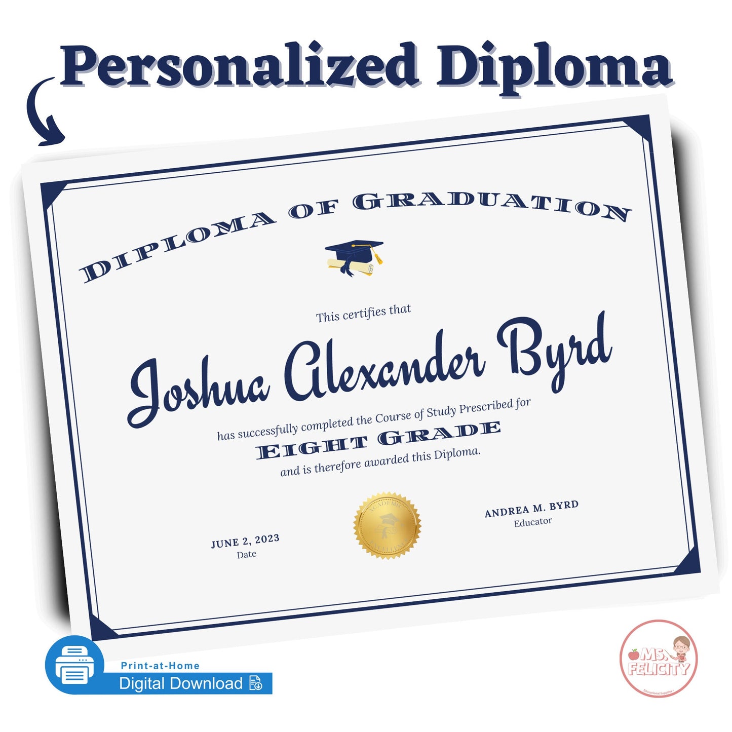 Digital Download: Personalized Diploma of Graduation Printable