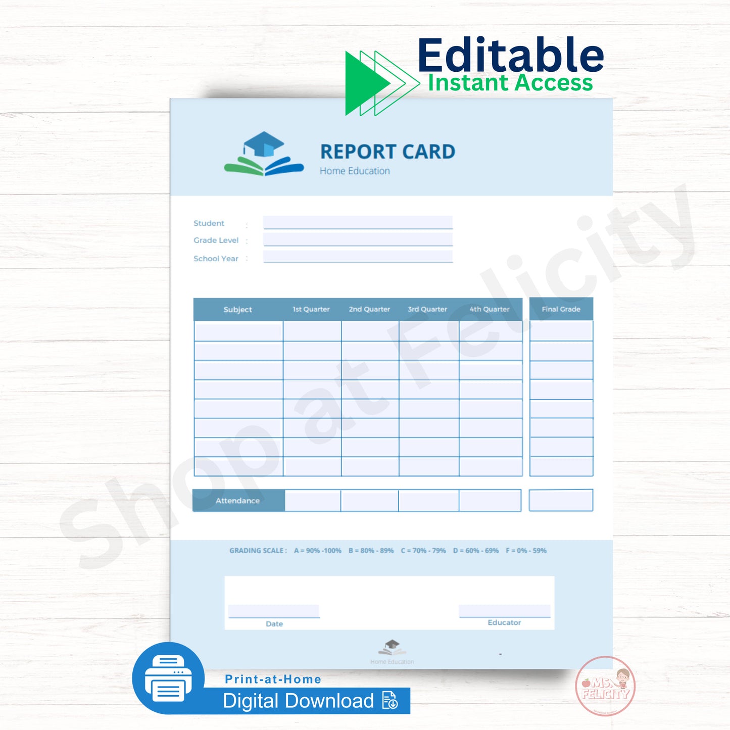 Editable Instant Access: Report Card Progress Report Printable