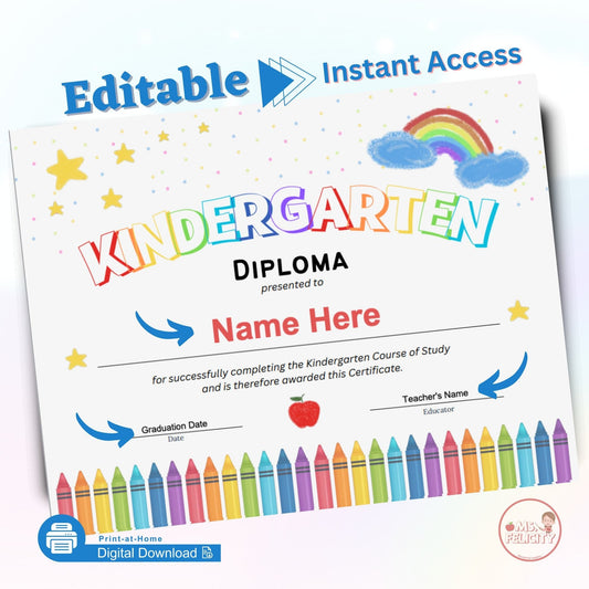 Editable Instant Access: Kindergarten Diploma of Graduation Printable