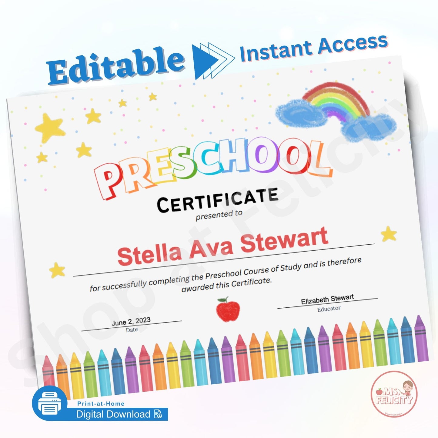 Editable Instant Access: Preschool Certificate Printable