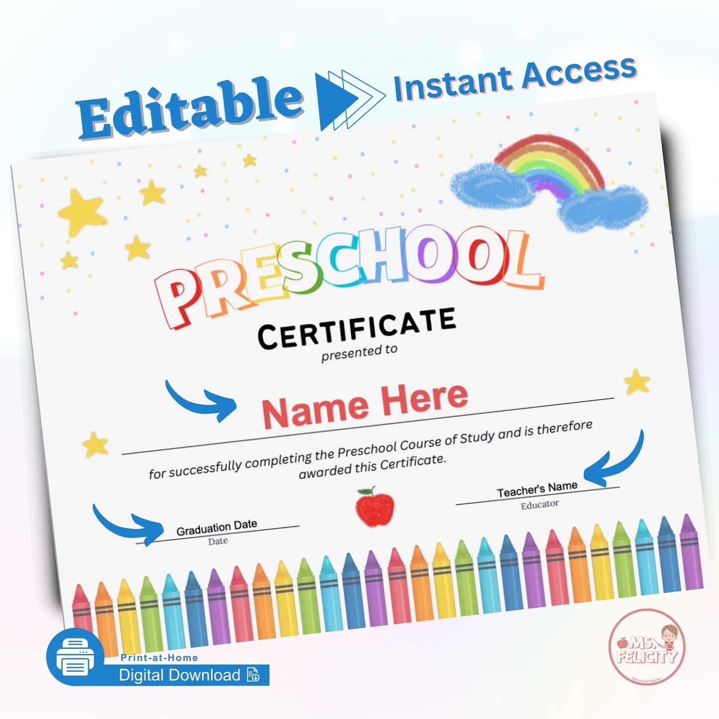 Editable Instant Access: Preschool Certificate Printable – Shop at Felicity editable-instant-access-preschool-certificate-printable-shop-at-felicity