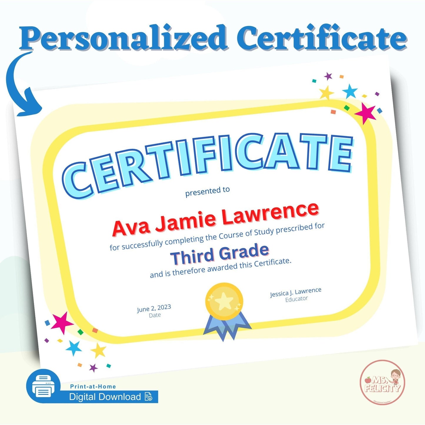 Digital Download: Personalized Elementary School Certificate Printable