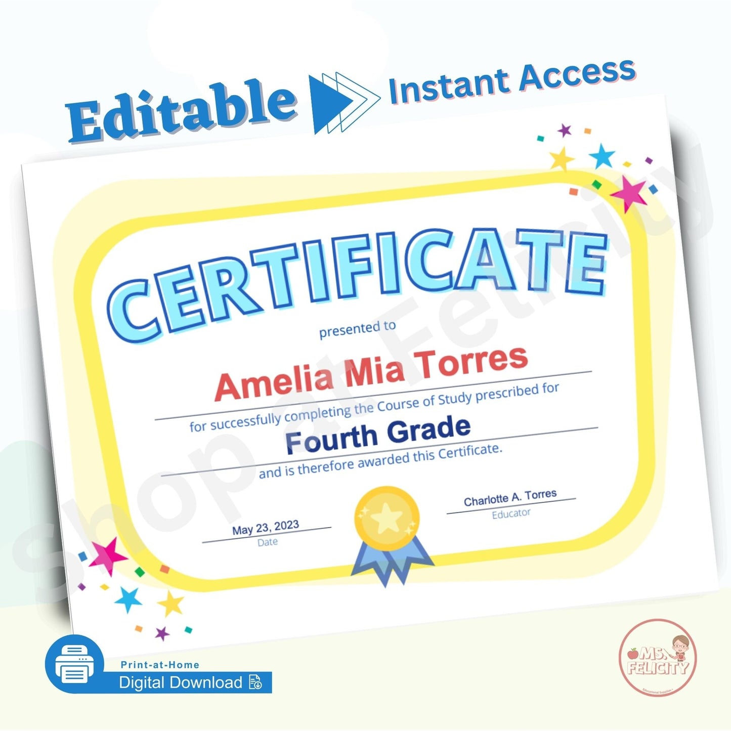 Editable Instant Access: Elementary School Certificate Printable