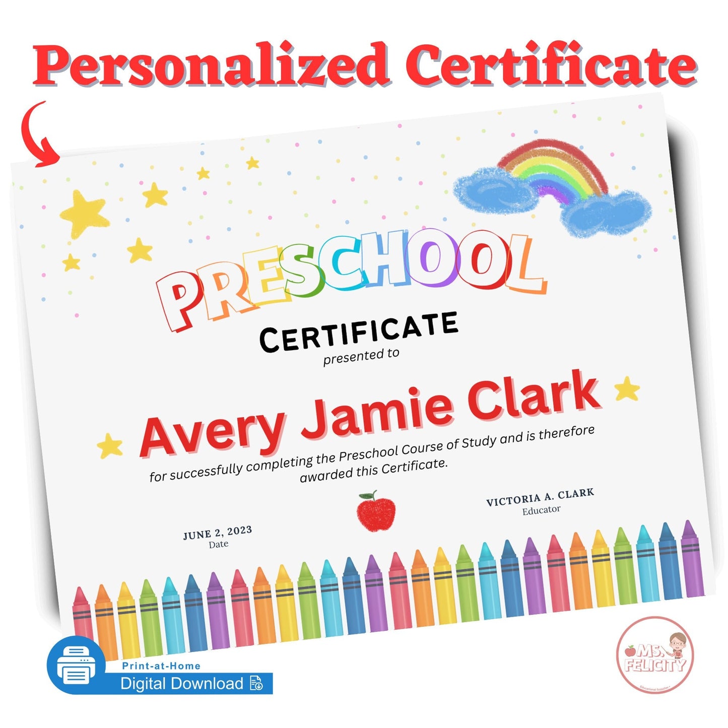 Digital Download: Personalized Preschool Certificate Printable