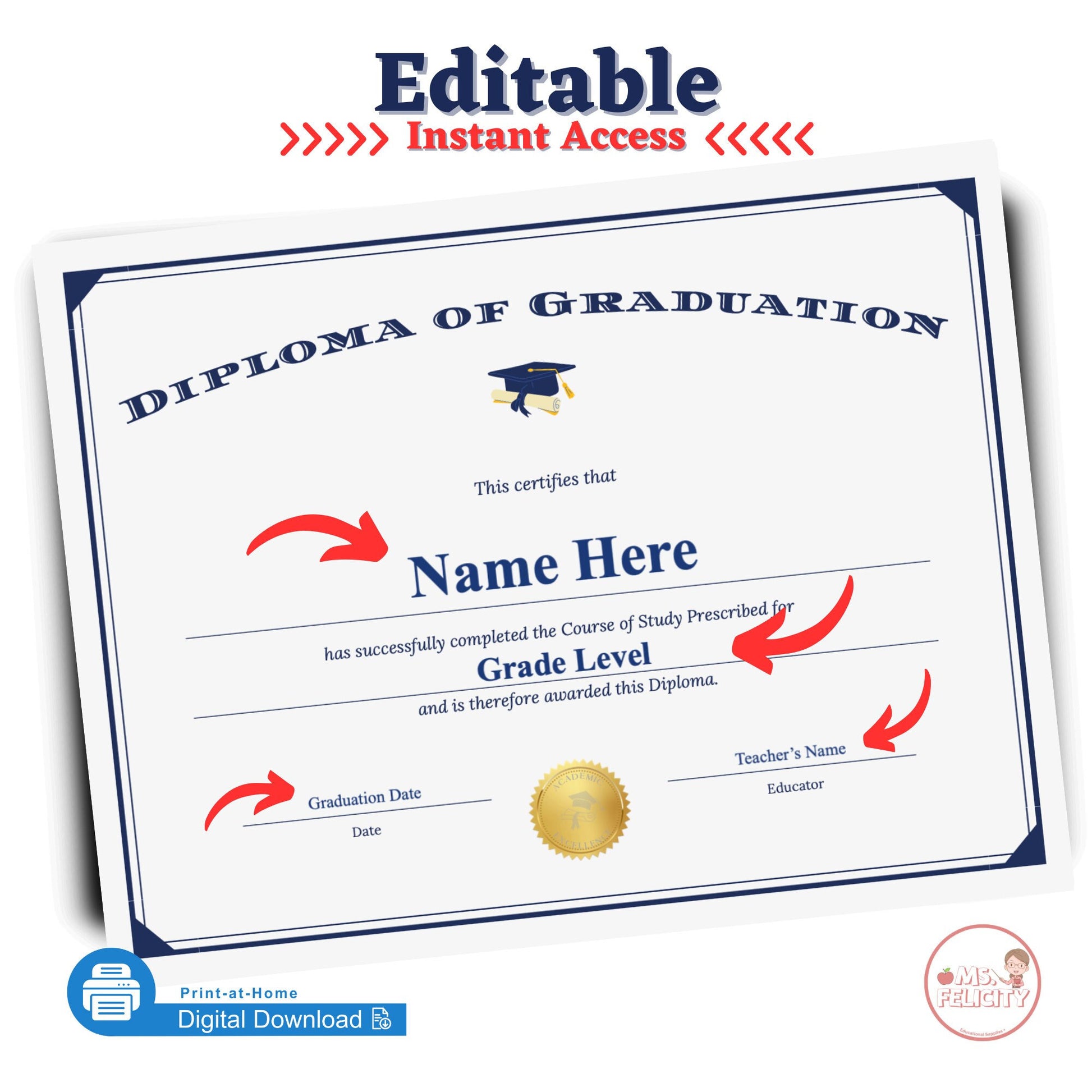 editable-instant-access-diploma-of-graduation-printable-shop-at-felicity for Free Printable Graduation Diploma Template Editable Instant Access: Diploma of Graduation Printable – Shop at Felicity for Free Printable Graduation Diploma Template