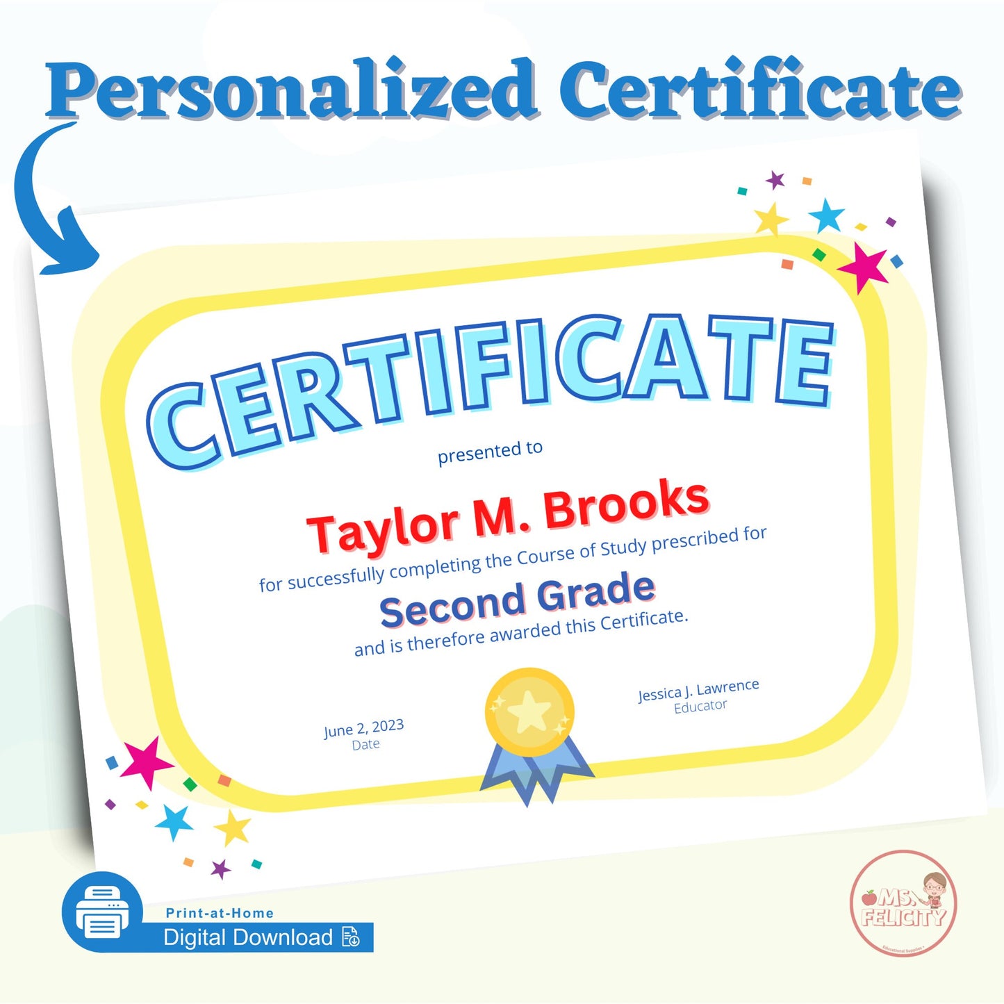 Digital Download: Personalized Elementary School Certificate Printable