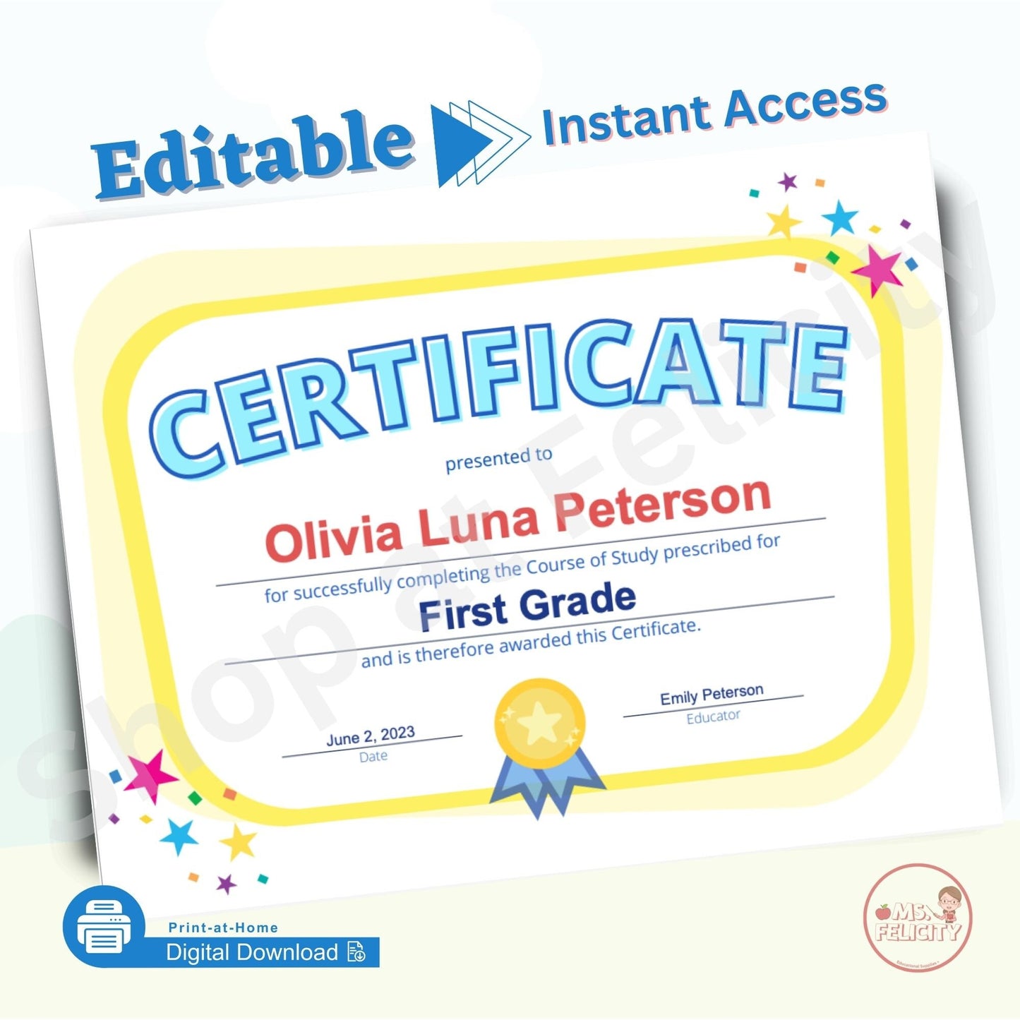 Editable Instant Access: Elementary School Certificate Printable